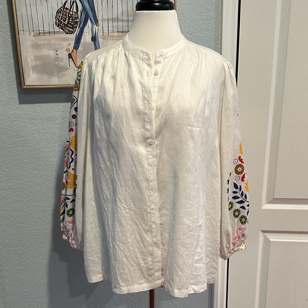 Boden Sz 20/22 Linen Blouse with Multicolor Printed Sleeves - Picture 2 of 10